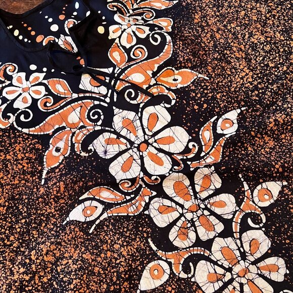 Handmade Navy & Peach Batik Kaftan Dress With Floral Patterns & Tie Neckline S - Picture 5 of 8